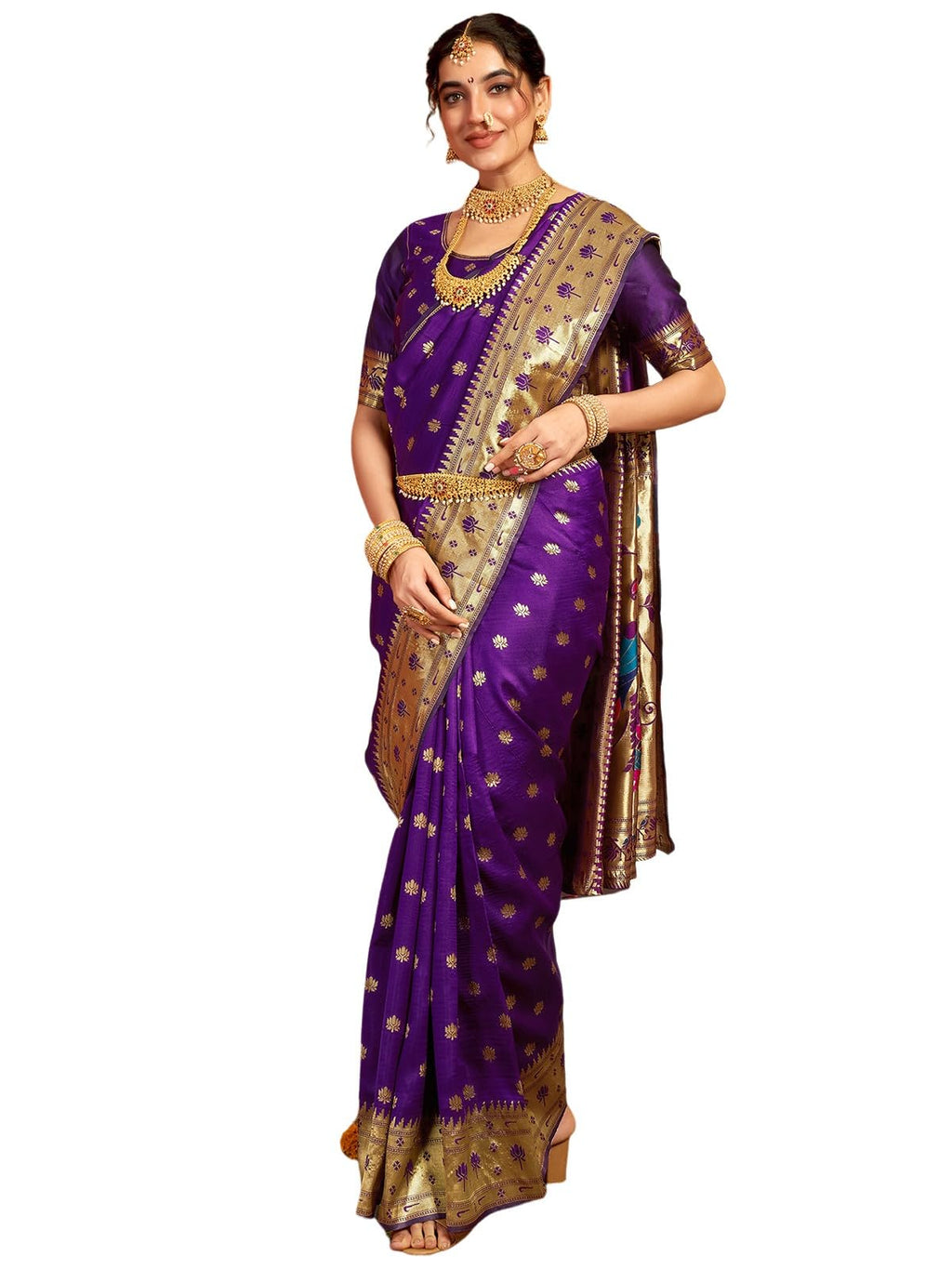 Satrani Womens Silk Paithani Jacquard Weaving Saree with Unstitched Blouse Piece (4046S6298N_Dark Purple)