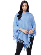 Modeve Women Blue Cable Knit Poncho with Fuzzy Detail||Winterwear||