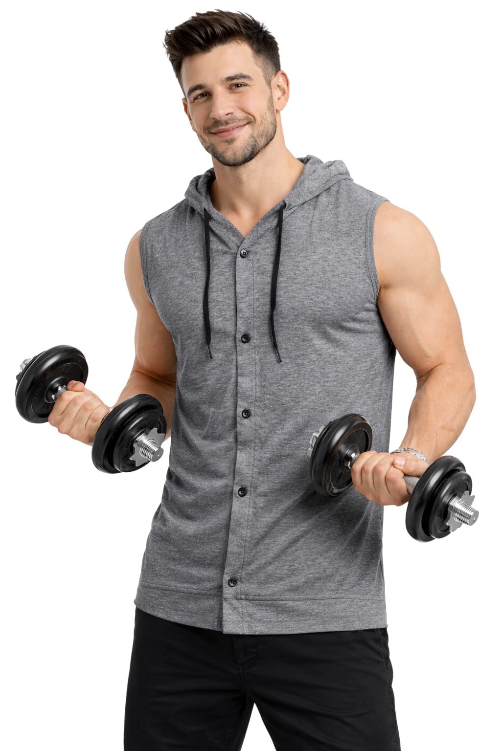 Geum MenS Sleeveless Hooded ButtonDown TShirt | Casual Streetwear & Gym Vest With Drawstring Hood (Grey)_Xl