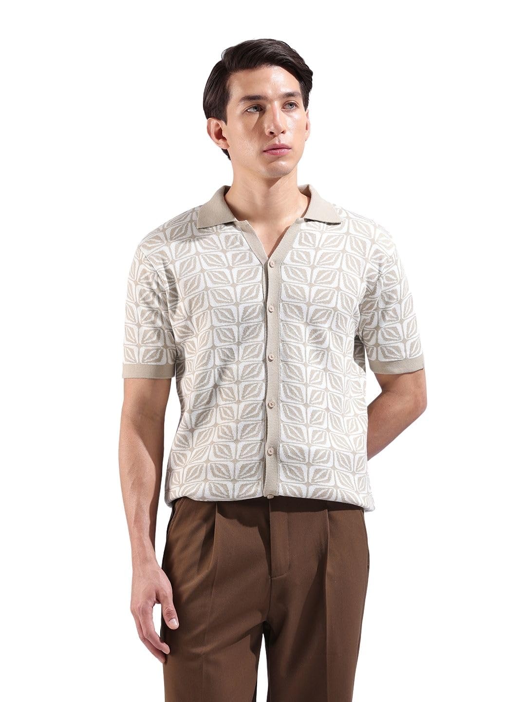 The Indian Garage Co Mens Slim Fit Geometric Flatknit Half Sleeves Shirt
