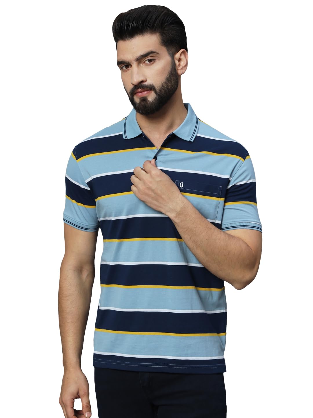 UNIBERRY Mens Cotton Blend Polo Collar Striper T Shirt Has A Short Sleeves & Pocket On ChestREMT3SBN_3XL Sky Blue Navy 3