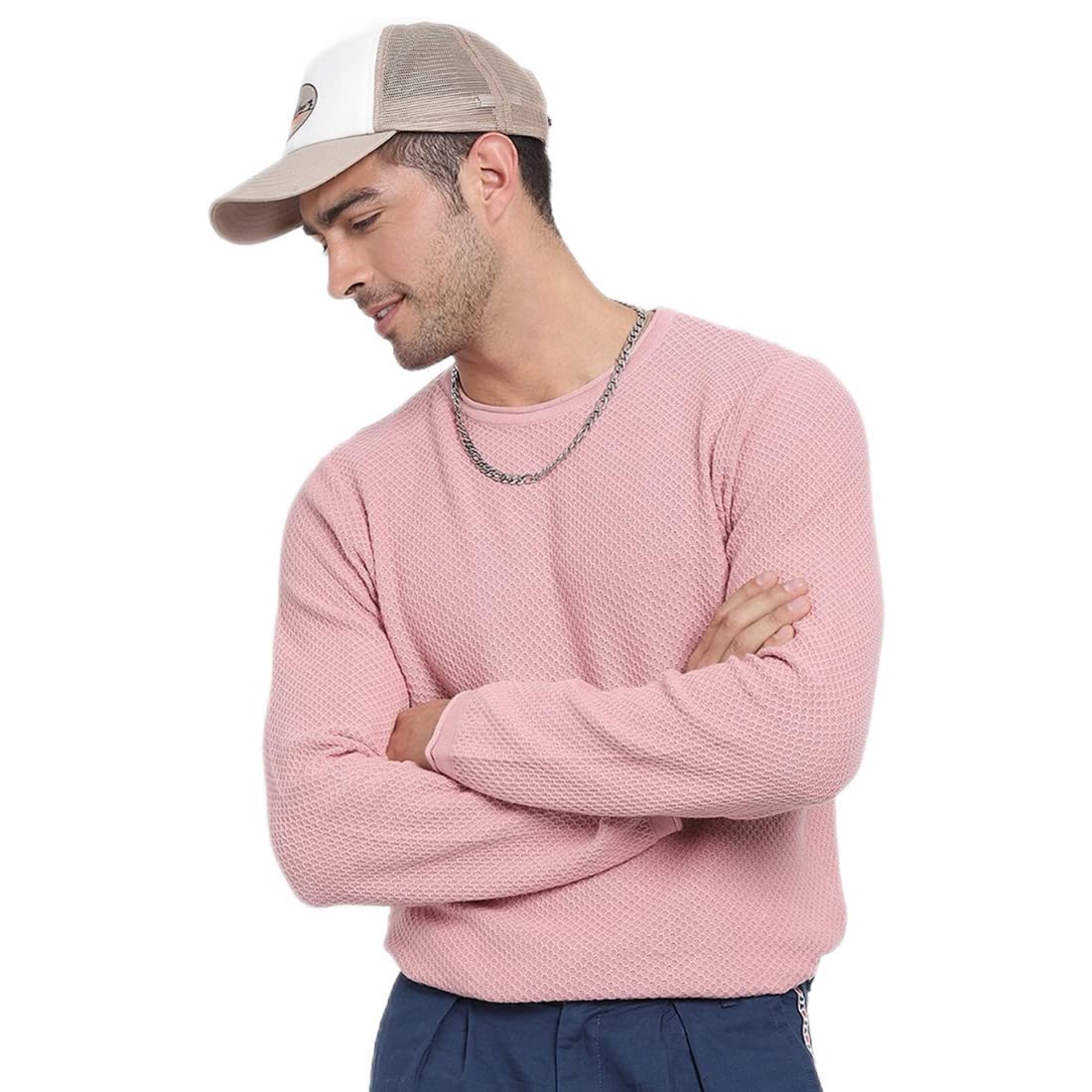 Bewakoof Mens Self-Design Pink Round Neck Full Sleeve Sweater