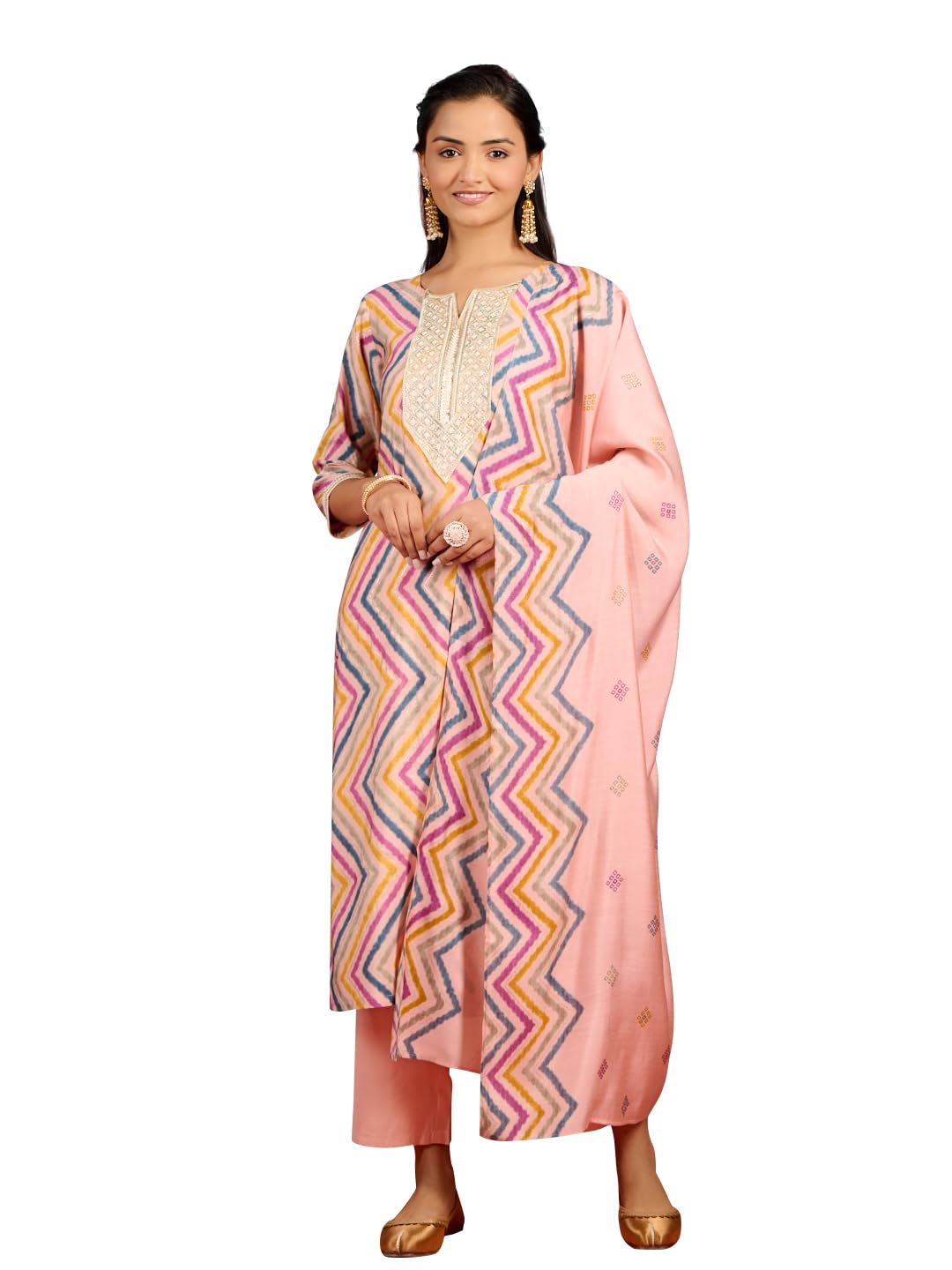 Gerua by Libas Printed Silk Blend Straight Kurta with Trousers and Dupatta Peach