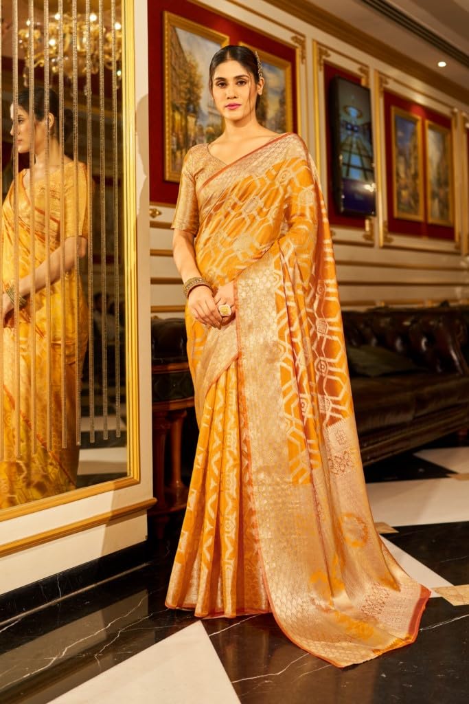 Madhuhansh Womens Organza Plain Saree With Patola Printed Solid Pattern 6 Yard Length And Unstitched Blouse Piece