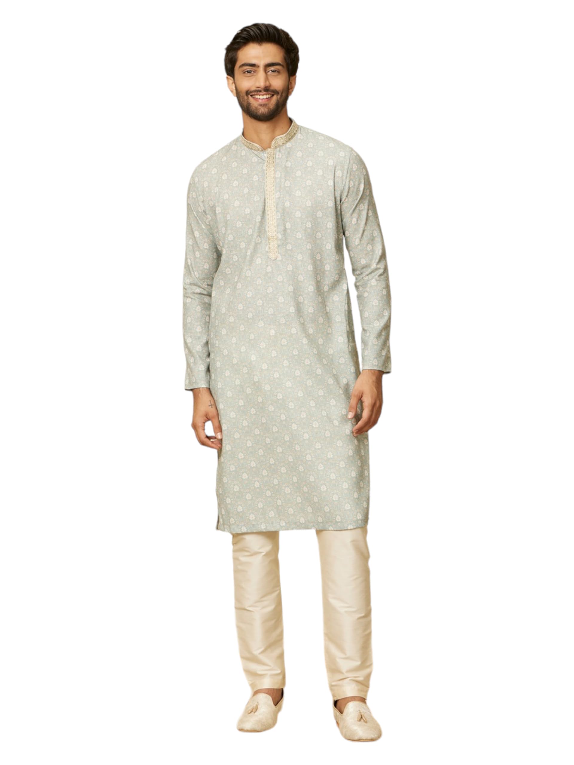 Manyavar Green Blended Cotton Print Kurta Set for Men
