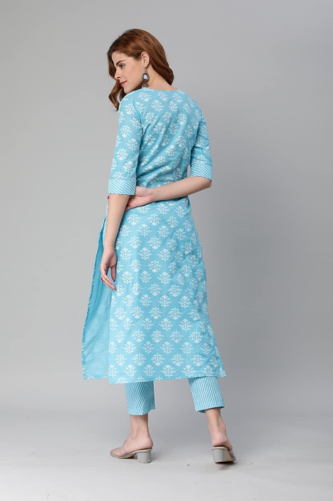 ANNI DESIGNER Womens Cotton Blend Printed Straight Kurta with Pant (Sarva-Stone Blue_L_Dark Blue_Large)