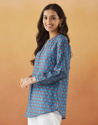 Fabindia WomenS Printed Regular Fit Tunic Top (1038747Blue_Blue