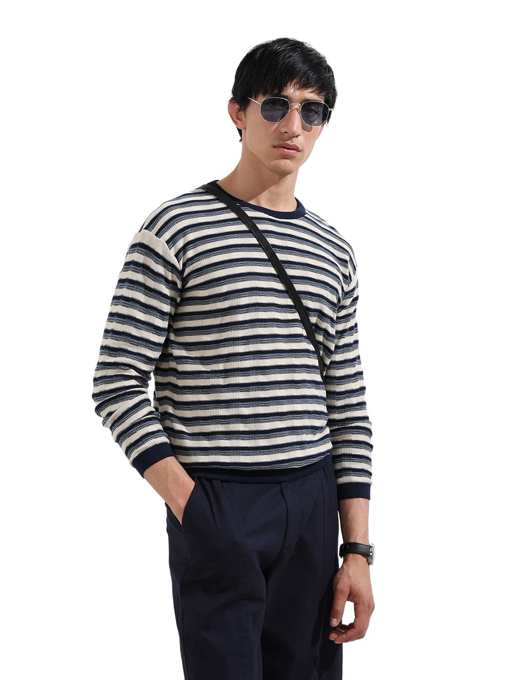 The Indian Garage Co Mens Oversized Fit Striped Long Sleeves Crew Neck Flat Knit Sweater