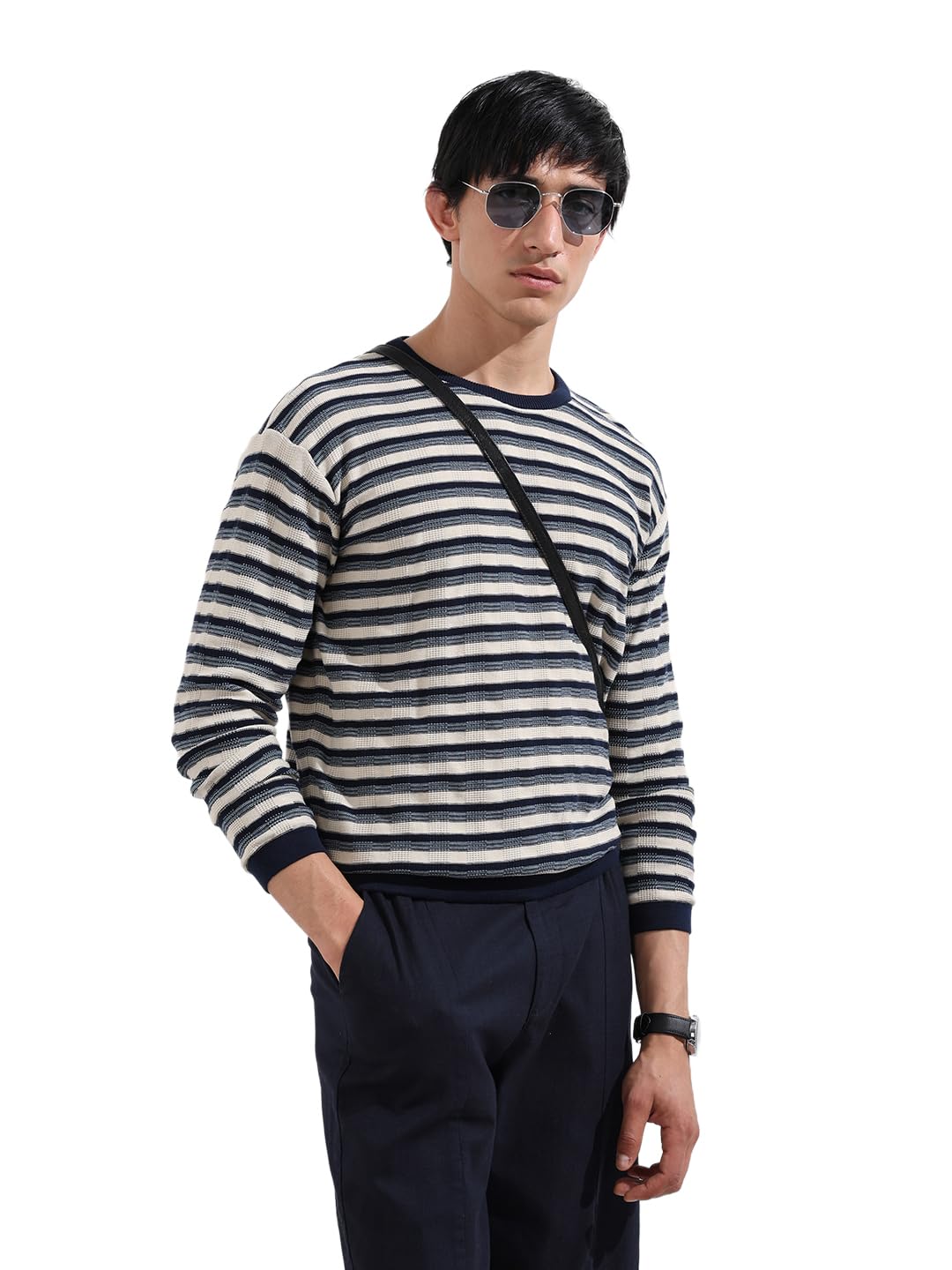 The Indian Garage Co Mens Oversized Fit Striped Long Sleeves Crew Neck Flat Knit Sweater