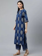 Klosia Women Indigo Block Printed Kurta Set With Dupatta