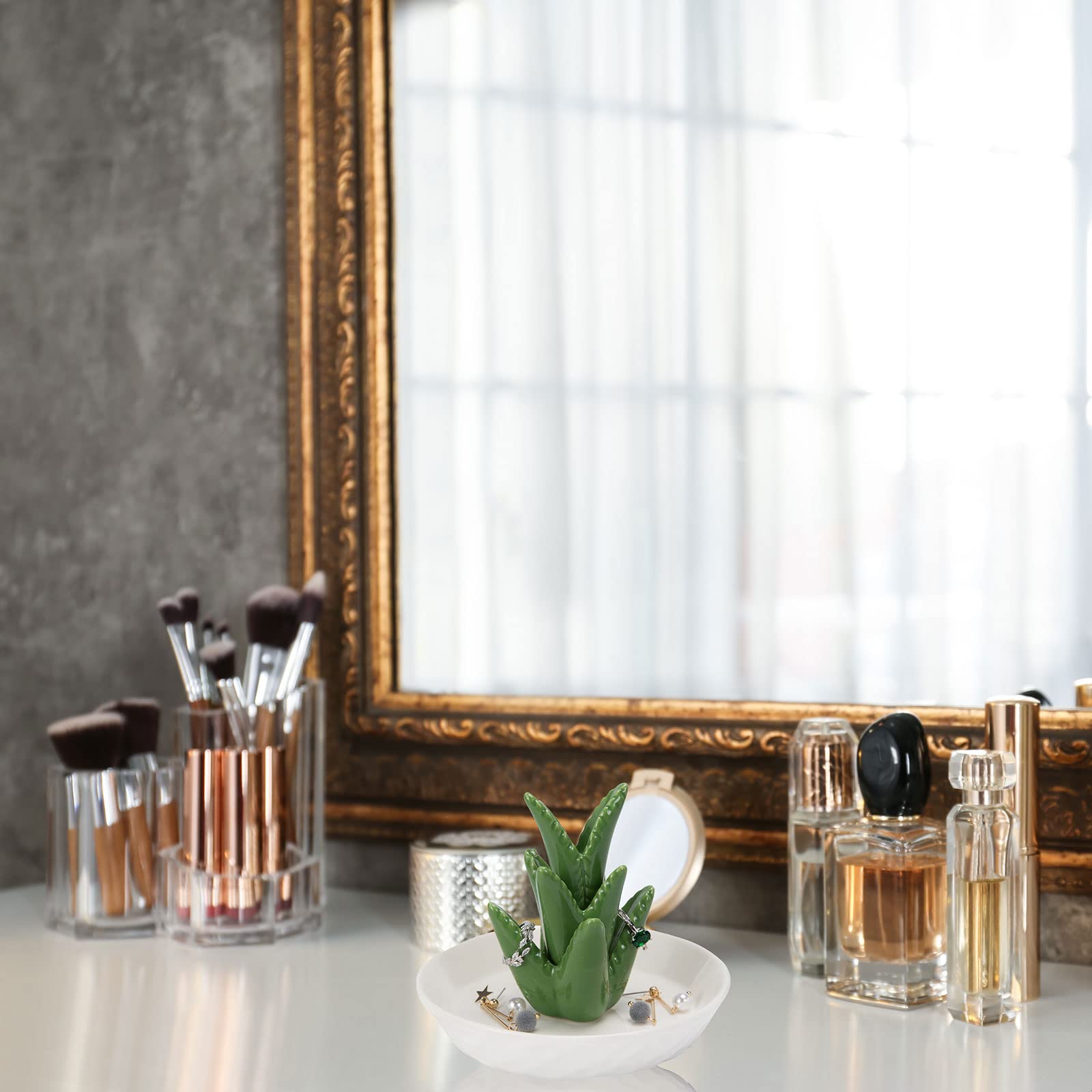 HOME SMILE Ceramic Aloe Ring Holder with Derorative White Dish Dish for Jewelry,Christmas Birthday Gifts