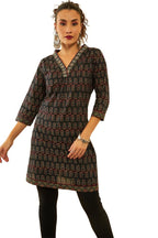 Soch Womens Black Cotton Floral Printed Short Kurta With Zari Work