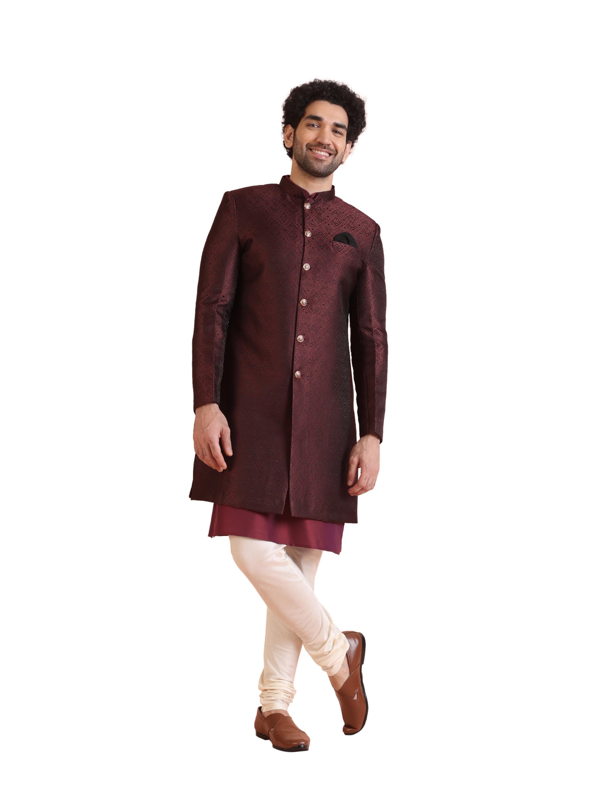Kisah MenS Maroon Indo-Western Kurta Sherwani Churidar Set Cotton Full Sleaves, Knee Length, Straight, Regular Fit, Mandarin Co