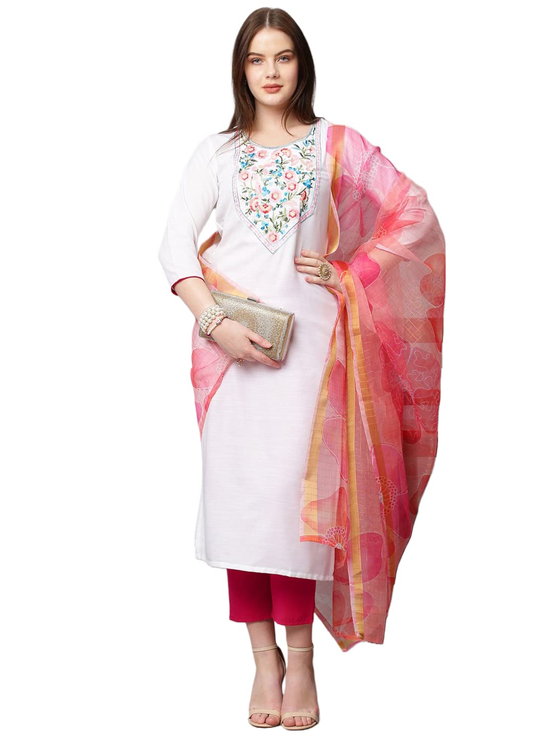 ANNI DESIGNER Womens Cotton Blend Solid Straight Kurta with Pant & with Dupatta (Chora WP_White_S_White_Small)