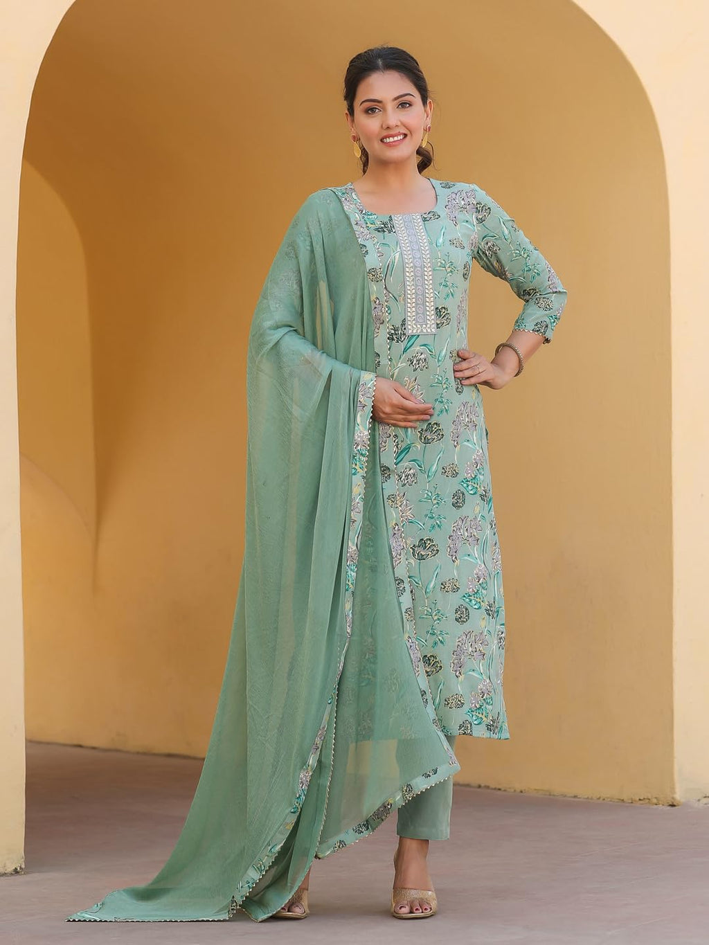 ANNI DESIGNER Women s Rayon Blend Kurta with Trousers and Dupatta, Green, L