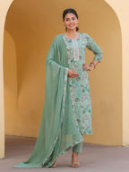 ANNI DESIGNER Women s Rayon Blend Kurta with Trousers and Dupatta, Green, L