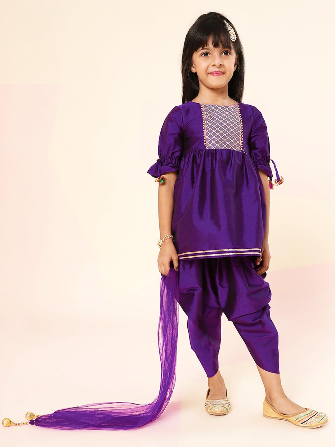 A.T.U.N. (ALL THINGS UBER NICE) Girls Pleated Gotta Patti Kurti with Dhoti Pants & Dupatta Set | Ethnic Wear Clothing Set