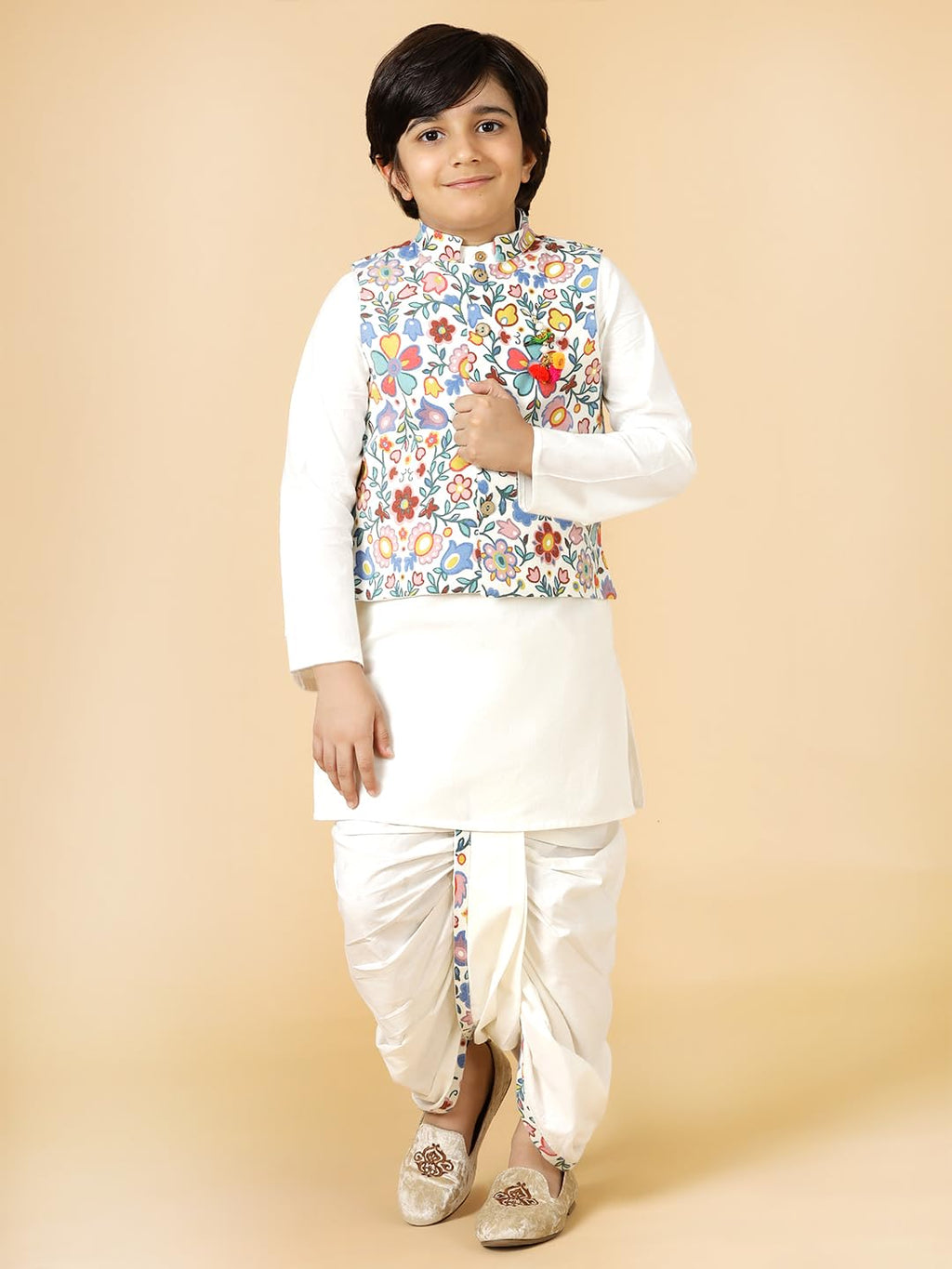 A.T.U.N. (ALL THINGS UBER NICE) Boys Mandarin Collar Pure Cotton Straight Kurta with Dhoti Pants & Nehru Jacket