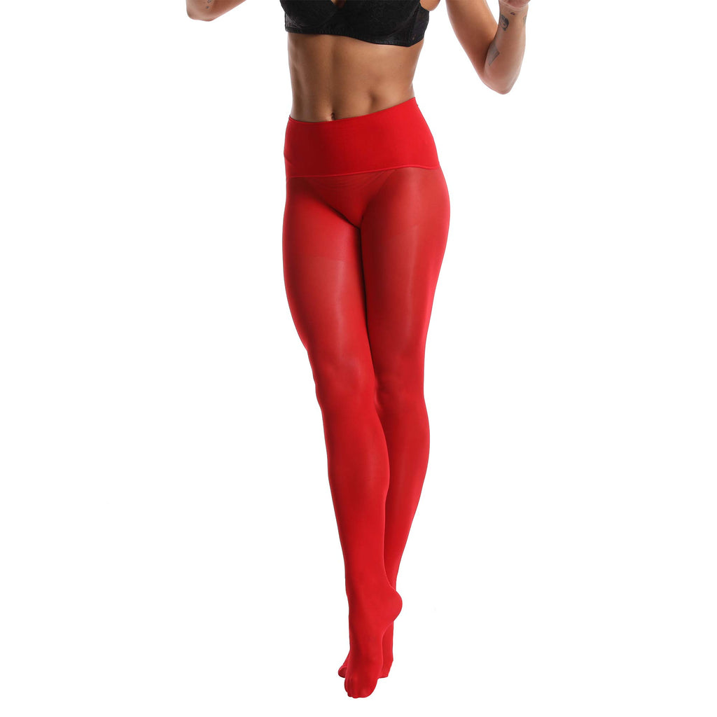 Frola Oil Shiny Stockings Pantyhose 360Seamless Crotch High Waist Smooth Tights for Women(Medium,1Pair Red)