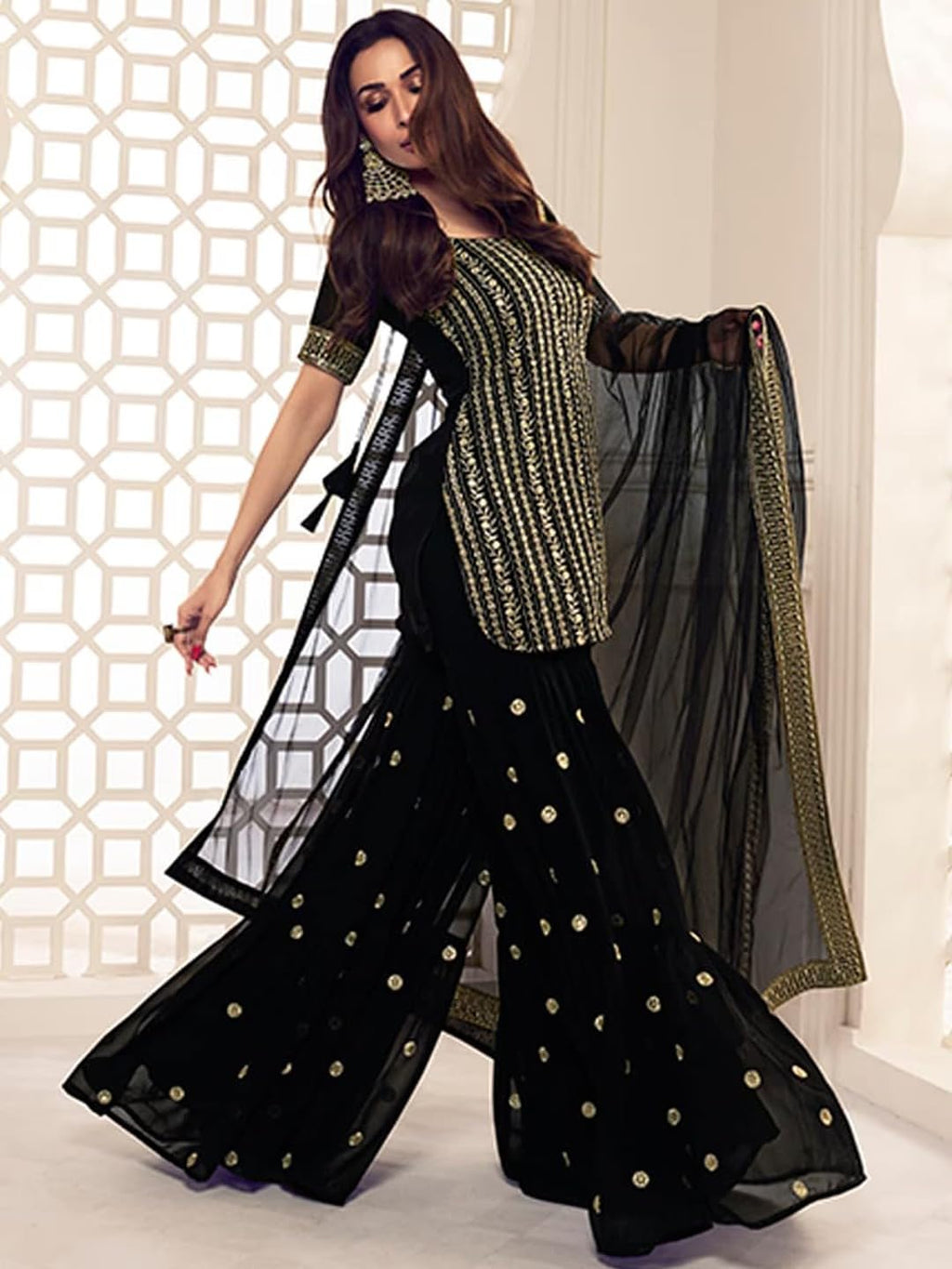 Wedani Georgette Embroidered Kurta Set for Women Black