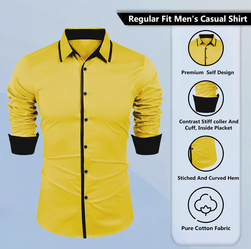 Zombom MenS Solid Cotton Blend Regular Fit Full Sleeves Casual Shirt With Spread Collar Shirt For Men Yellow