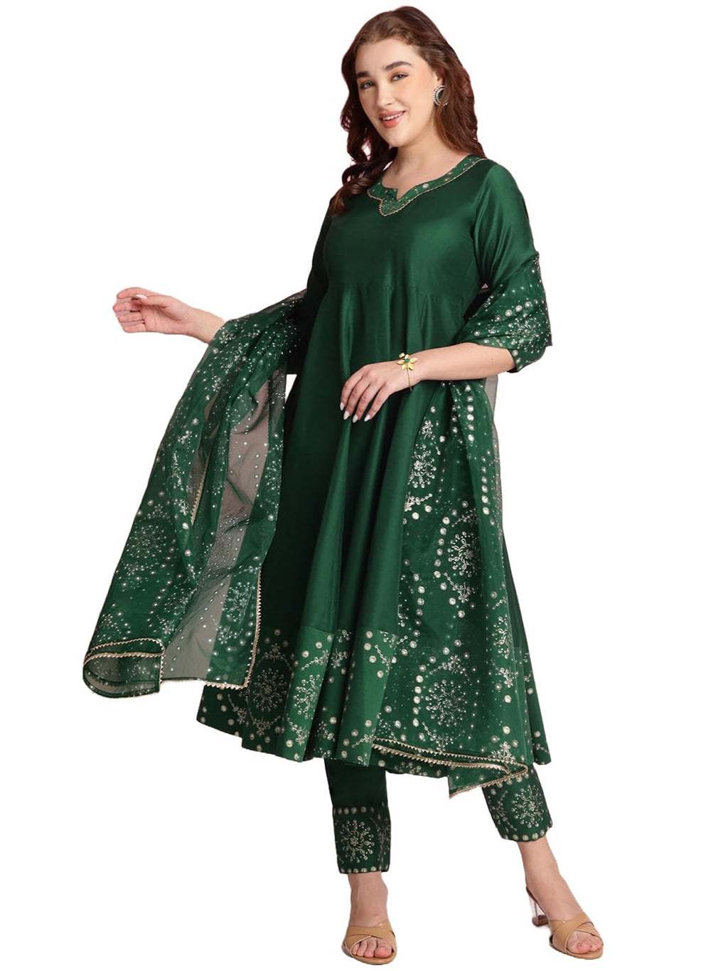 ANNI DESIGNER Womens Rayon Blend Printed Anarkali Kurta with Pant & Dupatta (Varuna Green_L_Green_Large)