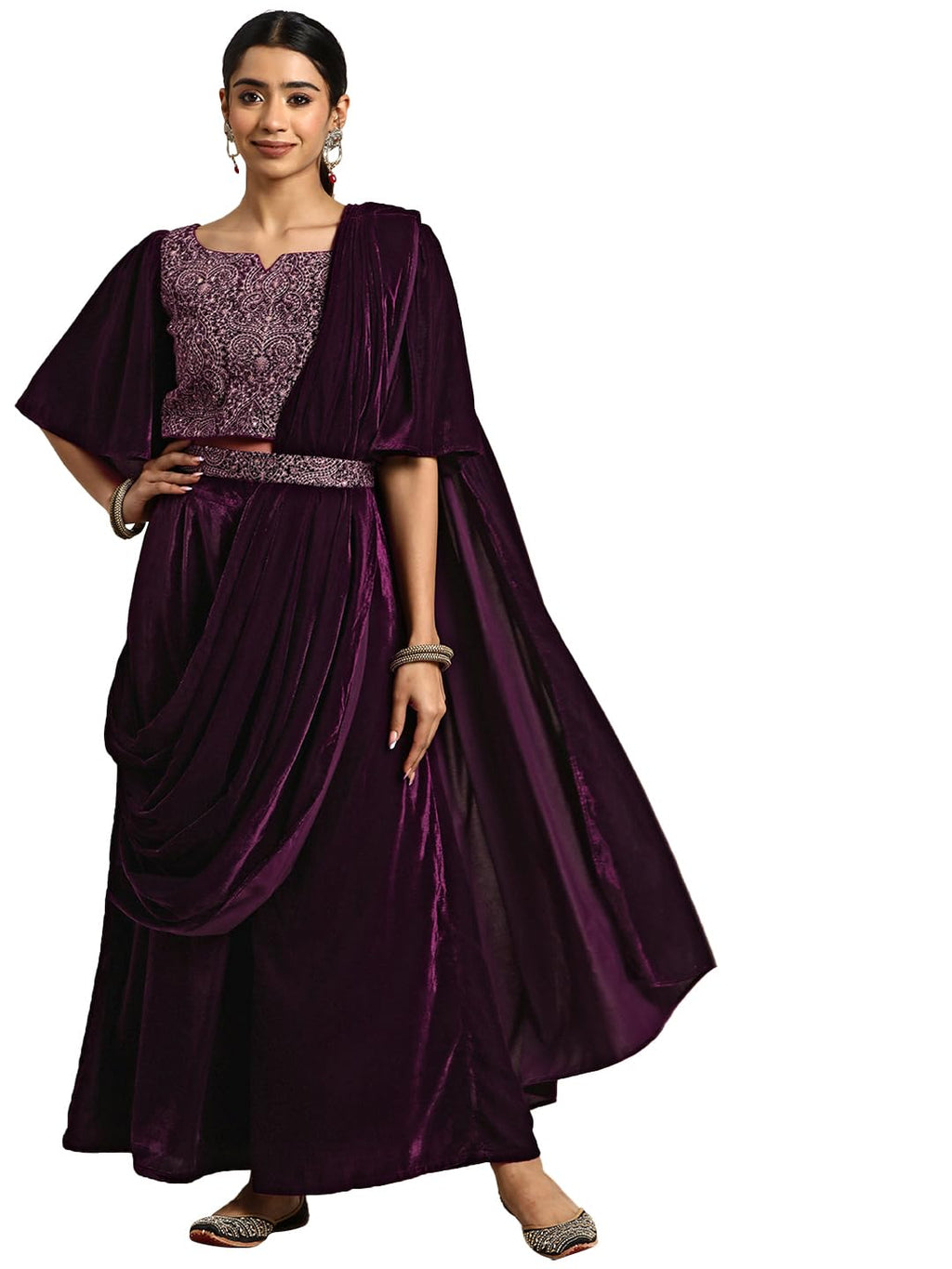 Libas WomenS Velvet Saree (34768_Wine)