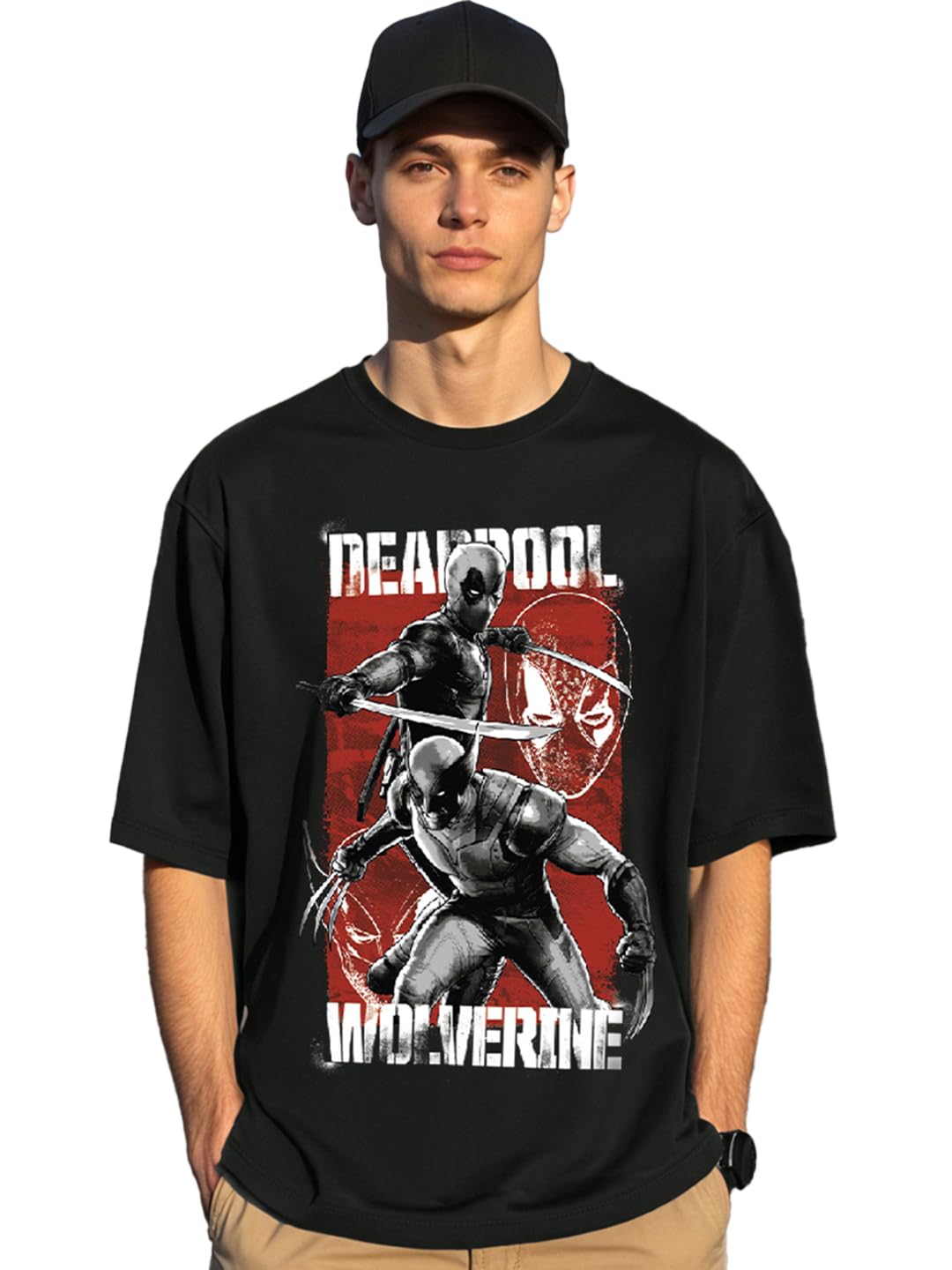 Bewakoof Official Marvel Merchandise Deadpool Mens Graphic Print Oversized Fit Half Sleeve Round Neck Cotton T-Shirt_644743_Bla
