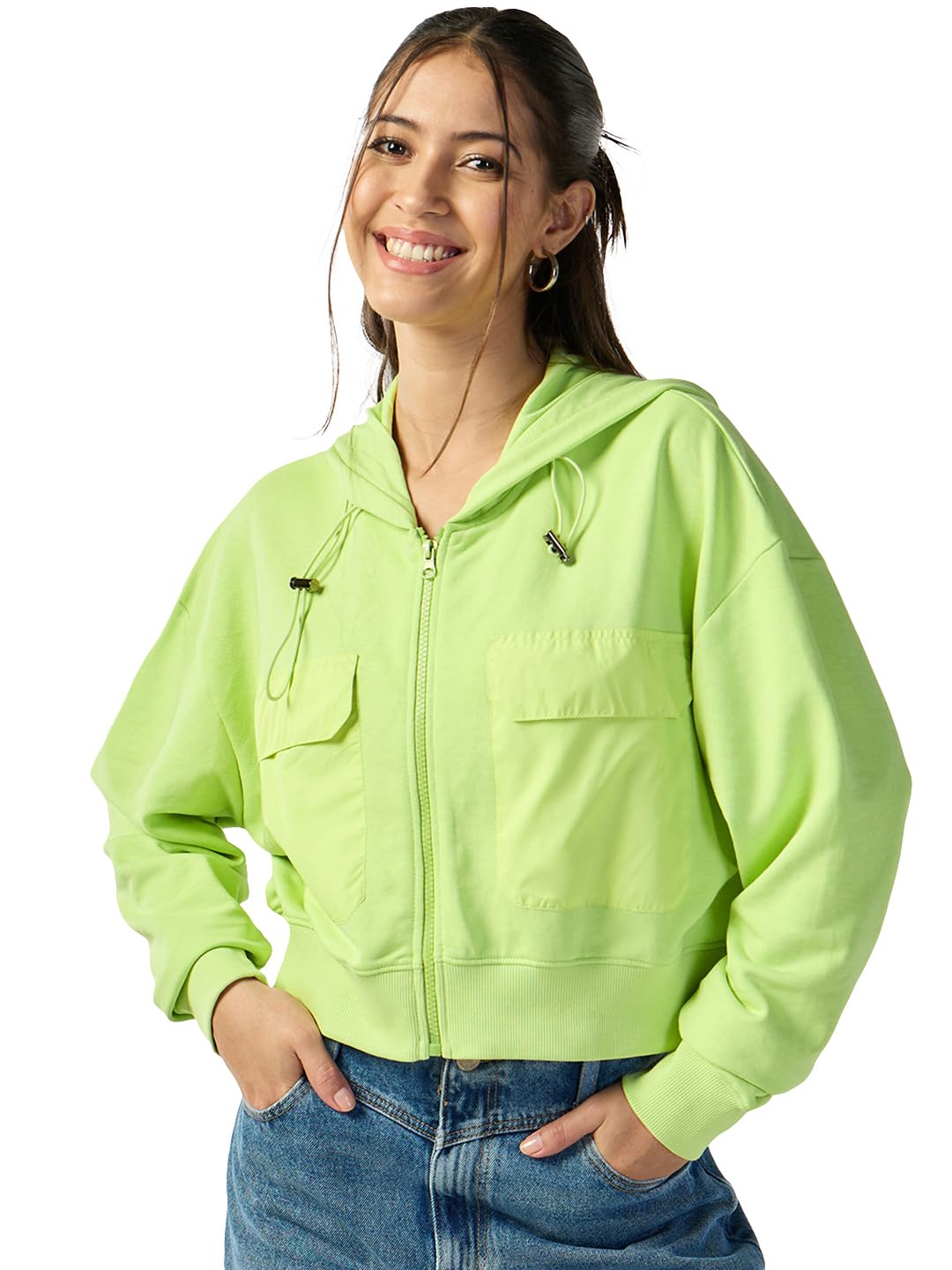 Bewakoof Womens Solid Oversized Fit Full Sleeve Polycotton Cropped Hoodies_640988_Green_2XL
