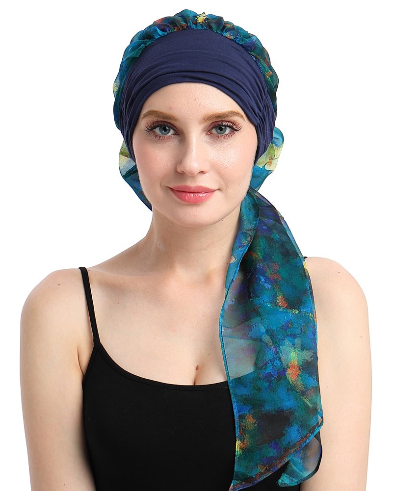 Focuscare Breathable cancer Turban cap for chemo Patients Pre-tie Headcovers for Alopecia Women Blue Sea
