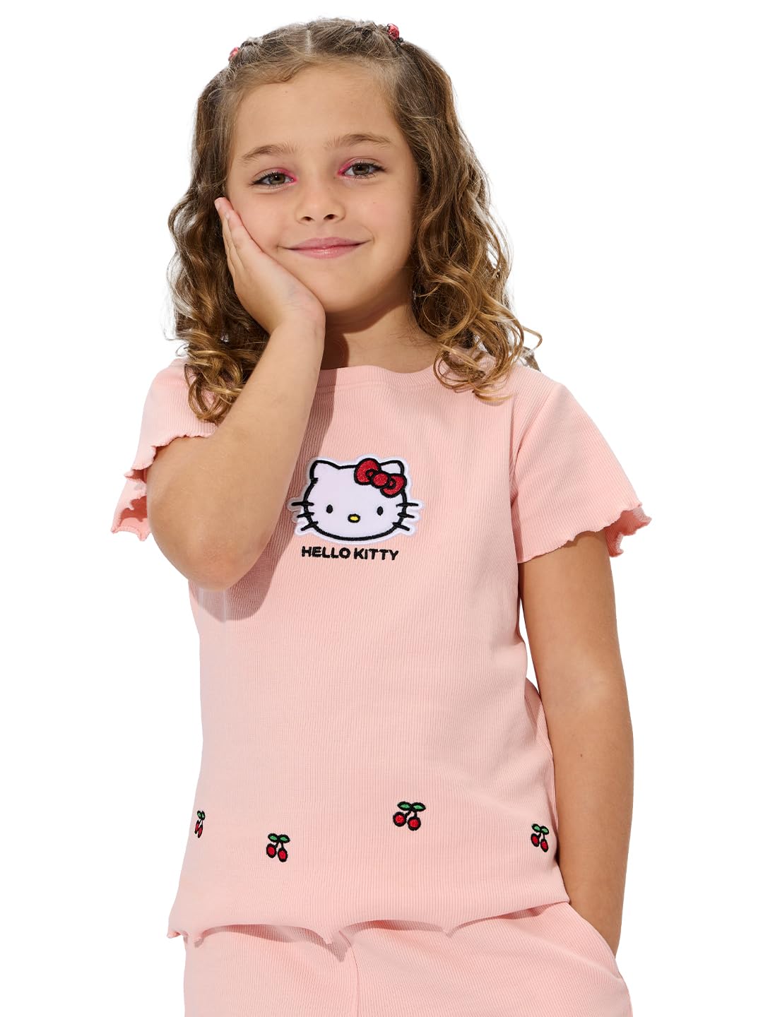 The Souled Store Hello Kitty: Cheery Girls Round Neck Short Sleeves Pink Embroidered Cotton T-Shirts