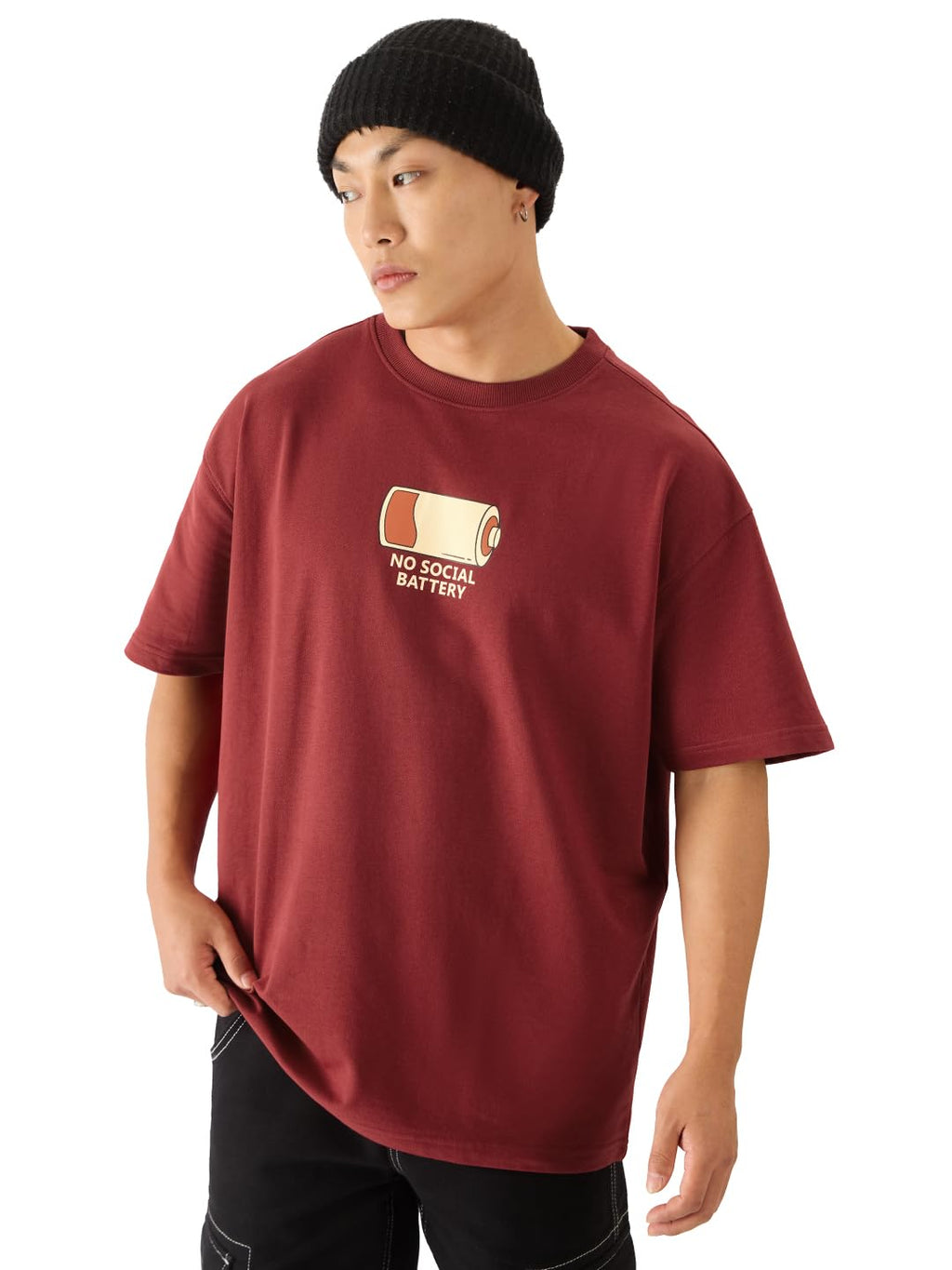 The Souled Store No Social Battery Drop Shoulder Short Sleeve Round Neck Maroon Graphic Printed Cotton Oversized Baggy T-Shirts 