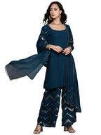 Libas Womens Solid Georgette Straight Kurta With Palazzos And Dupatta