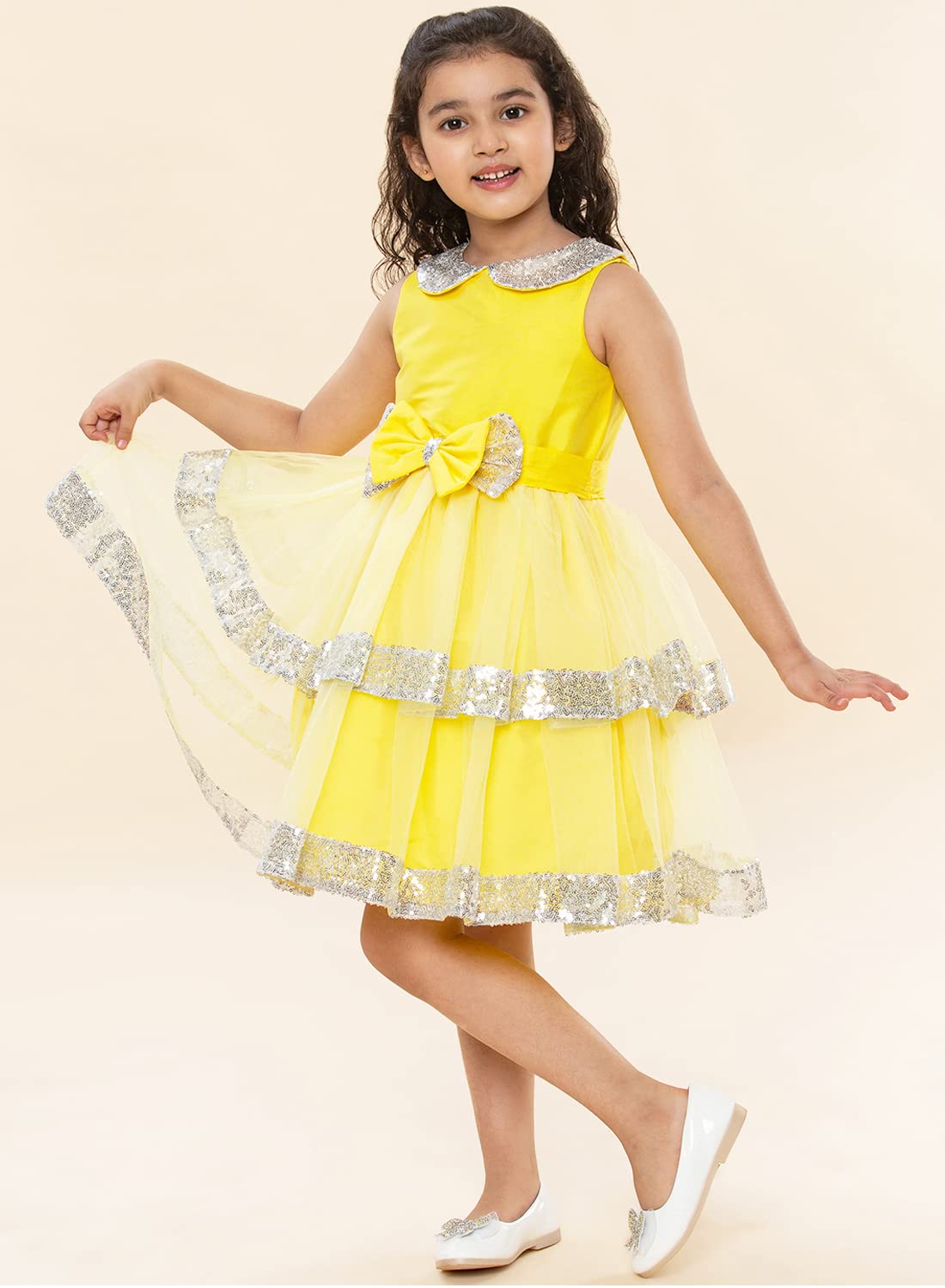 A.T.U.N. (ALL THINGS UBER NICE) Girls Peter Pan Sequins Collar Birthday Party Princess Tiered Dress for Kids 0-10Y Yellow