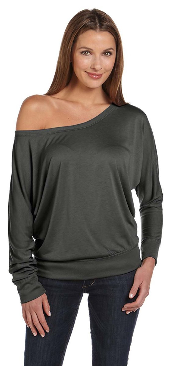 Ladies Flowy Long-Sleeve Off Shoulder T-Shirt - NEON PINK - S(D0102H7WVY6)