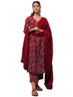 ANNI DESIGNER Womens Cotton Blend Anarkali Printed Kurta with Pant & Dupatta (Dabu Red_L_Red_Large)