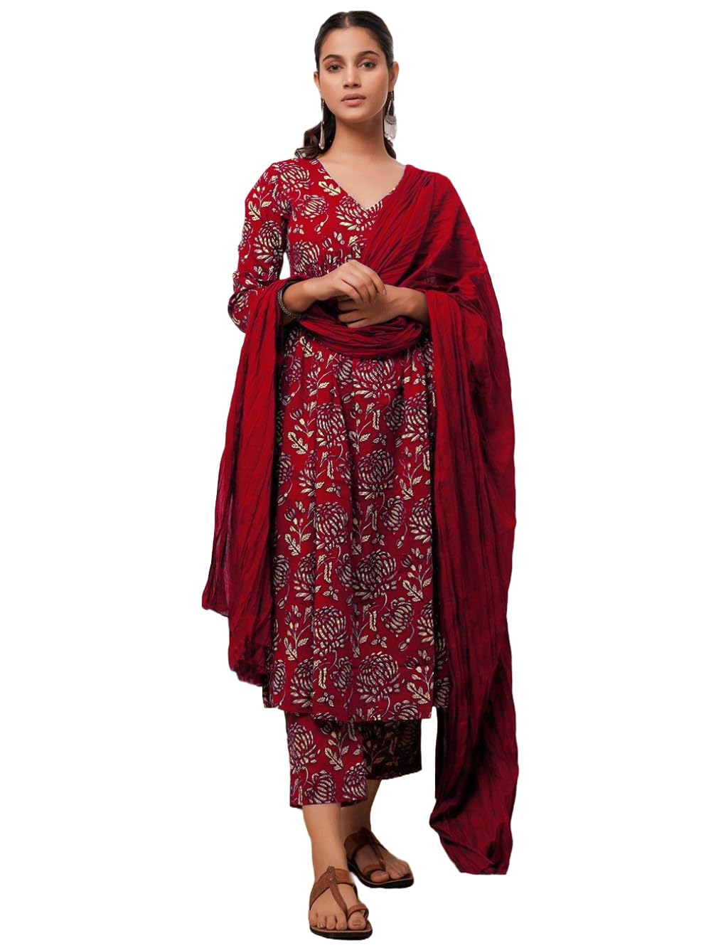 GoSriKi Womens Cotton Blend Anarkali Printed Kurta with Pant & Dupatta (Dabu Red-GS_XXL_Red_XX-Large)