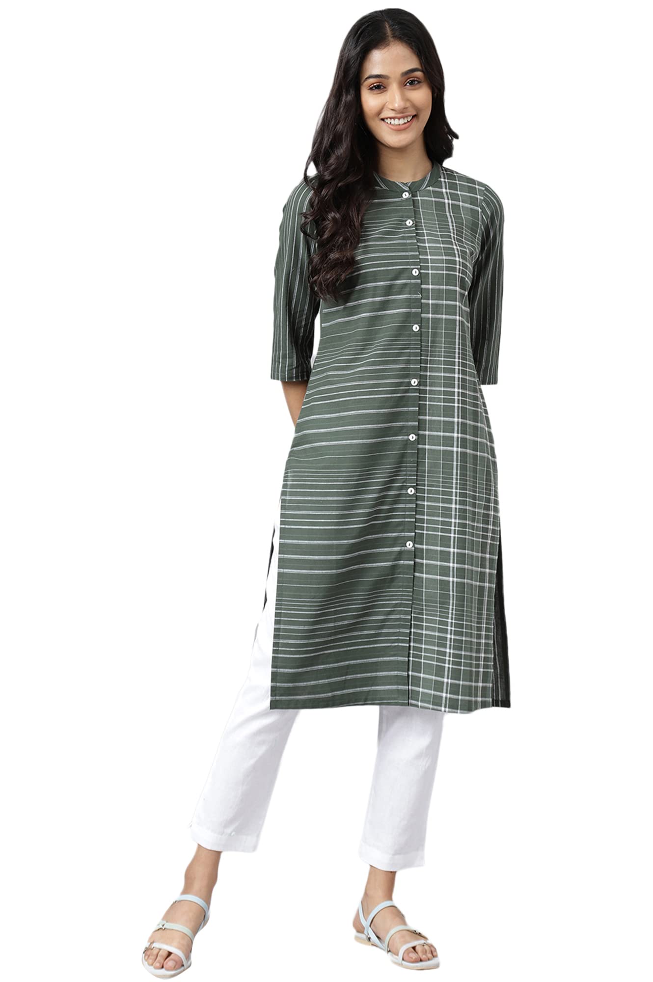 Aurelia Women Mehendi Green Dobby Geometric Yarn Dyed Straight Kurta_22Aua13368-703591_Xs