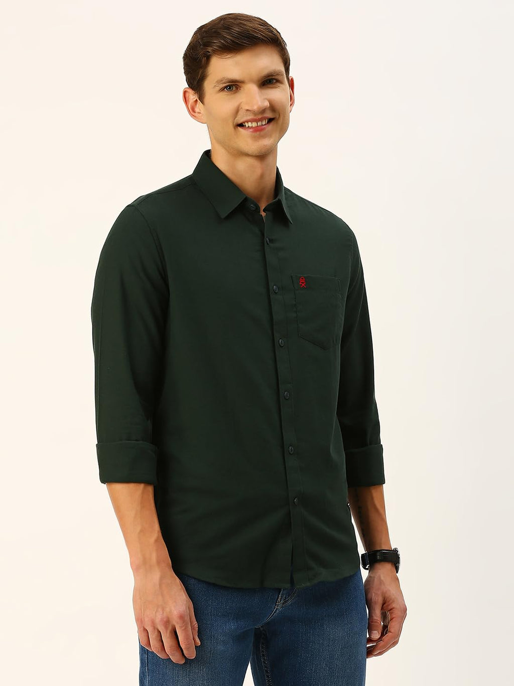 Thomas Scott Mens Classic Slim Fit Flannel Casual Shirt Dark Green