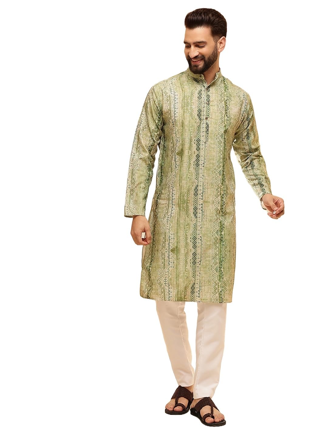 SOJANYA (Since 1958 Mens Cotton Silk Green Print Kurta with White Pyjama