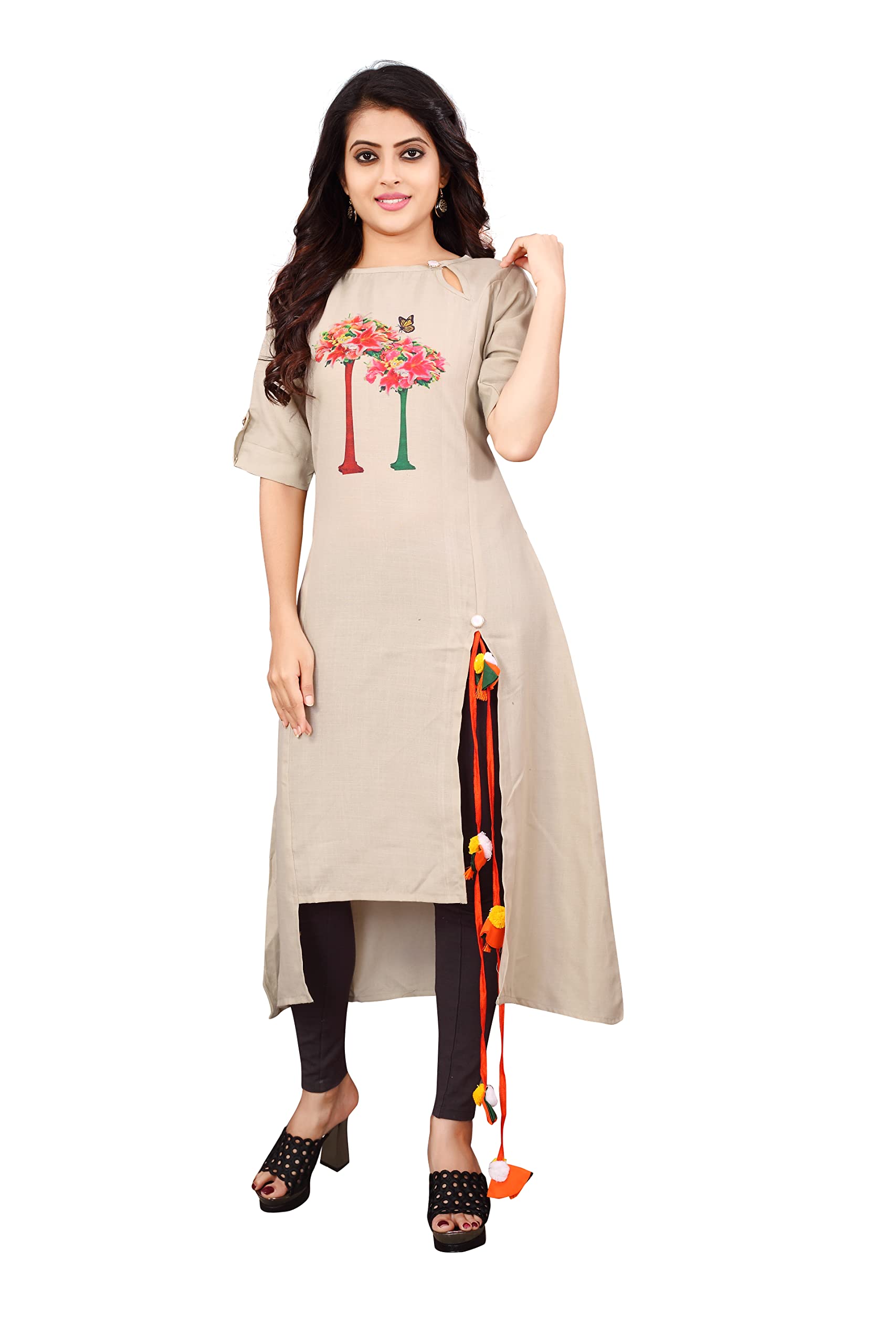 Greciilooks Women Cotton A-Line Regular Fit Kurti (Grey, Medium)