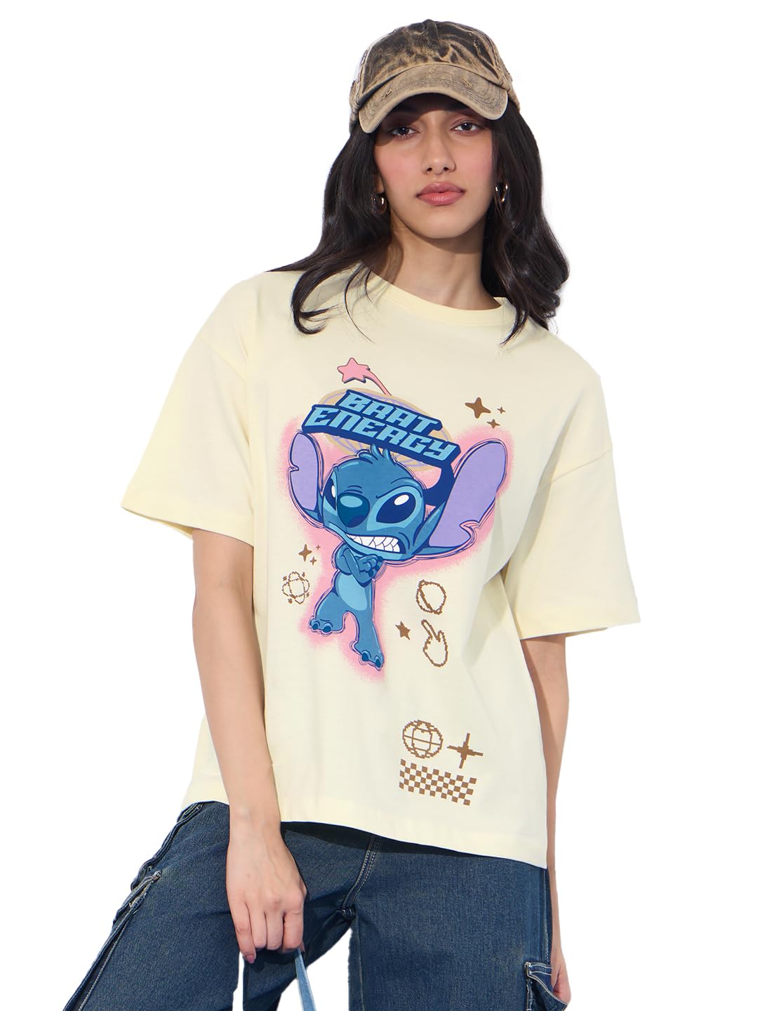 The Souled Store Lilo & Stitch: Brat Energy Women and Girls Short Sleeves Round Neck Off White Graphic Printed Cotton Oversized 