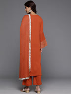 Varanga Women Rust Solid V-Neck Embellished With Gota Straight Kurta Paired With Tonal Bottom And Dupatta