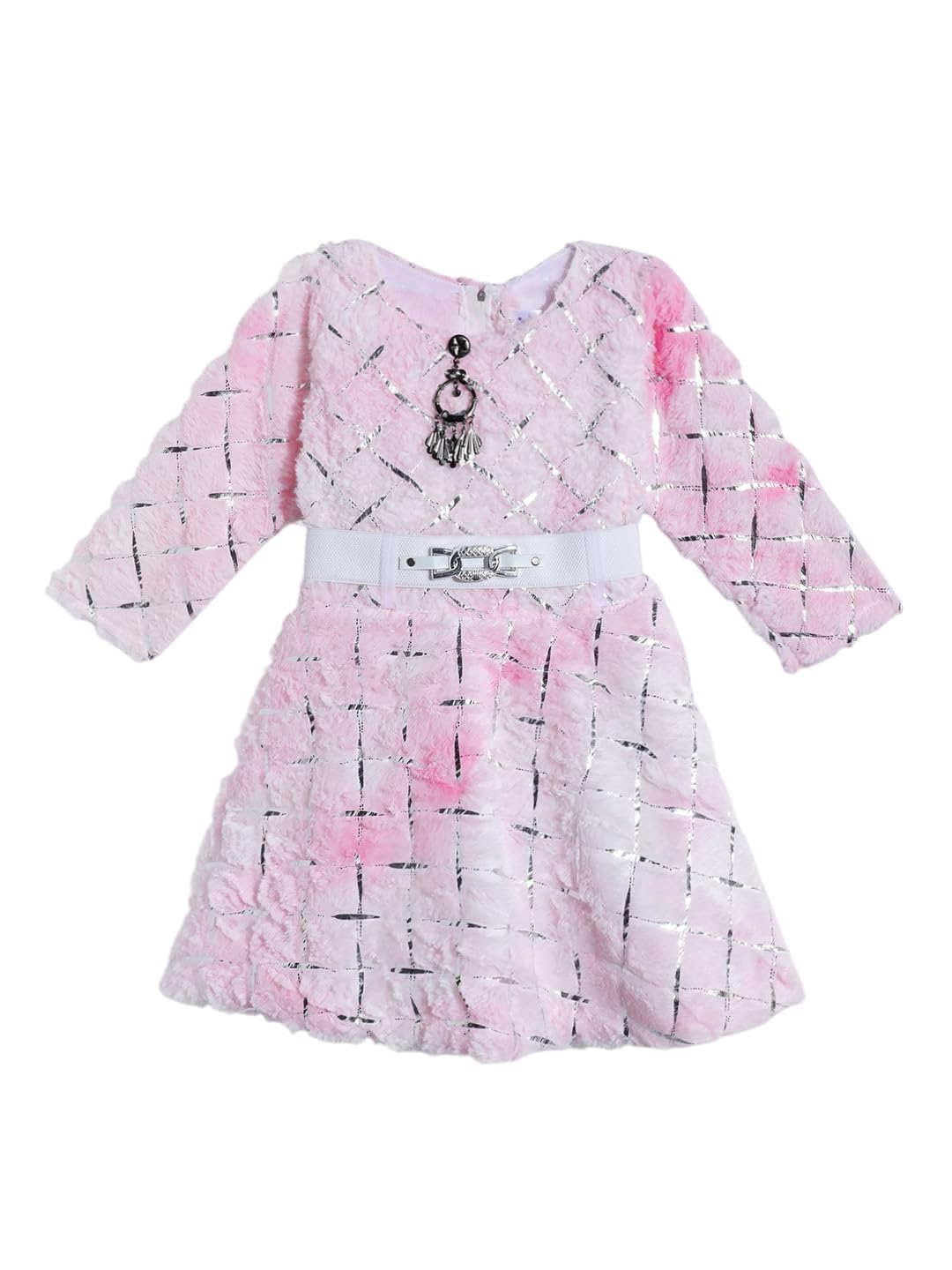 Aarika Girls Pink Colour Foil Print Winter Woolen Dress With Belt (3-9 Years)