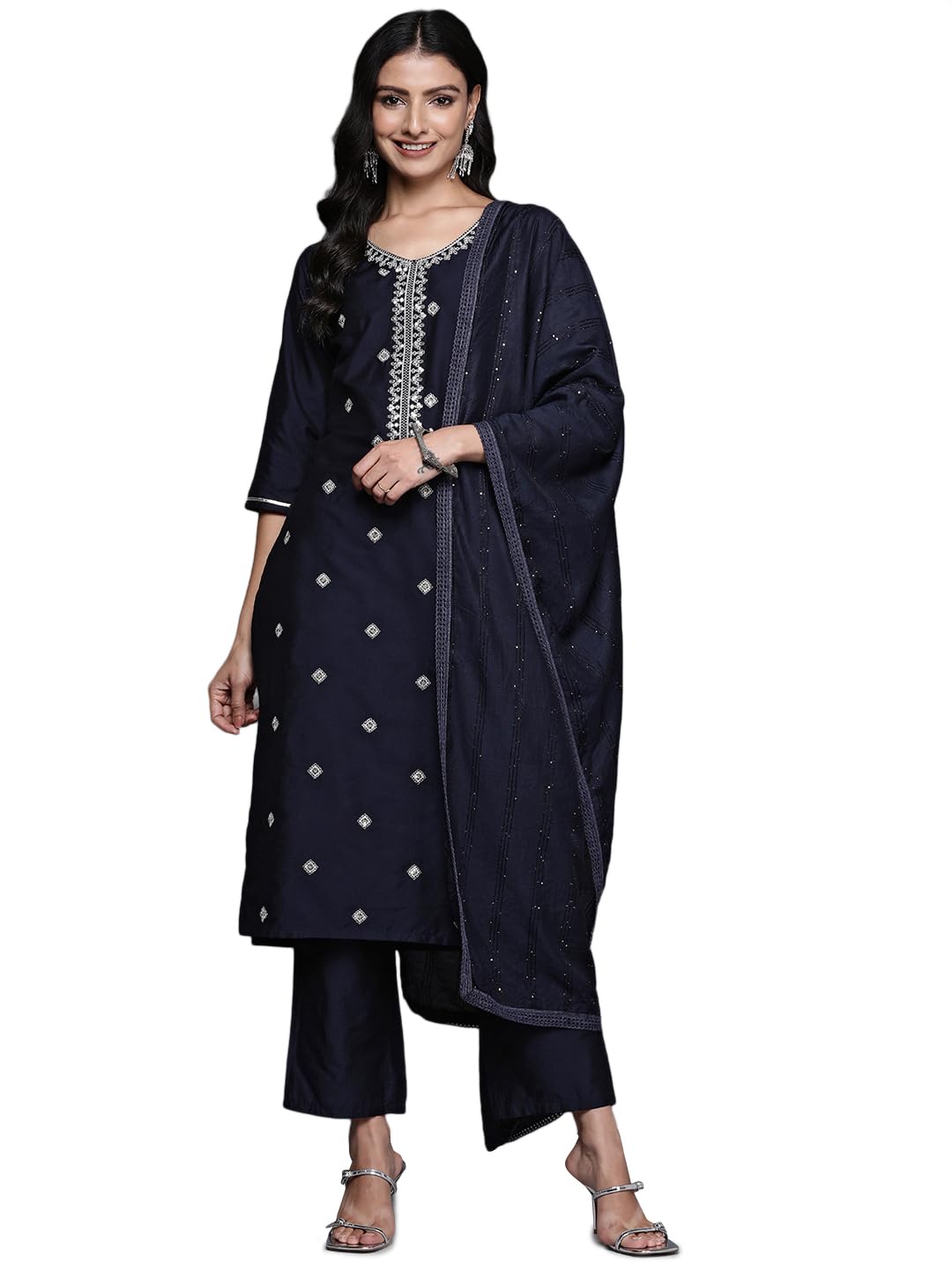 Gerua By Libas Womens Yoke Design Silk Blend Straight Kurta With Trousers And Dupatta