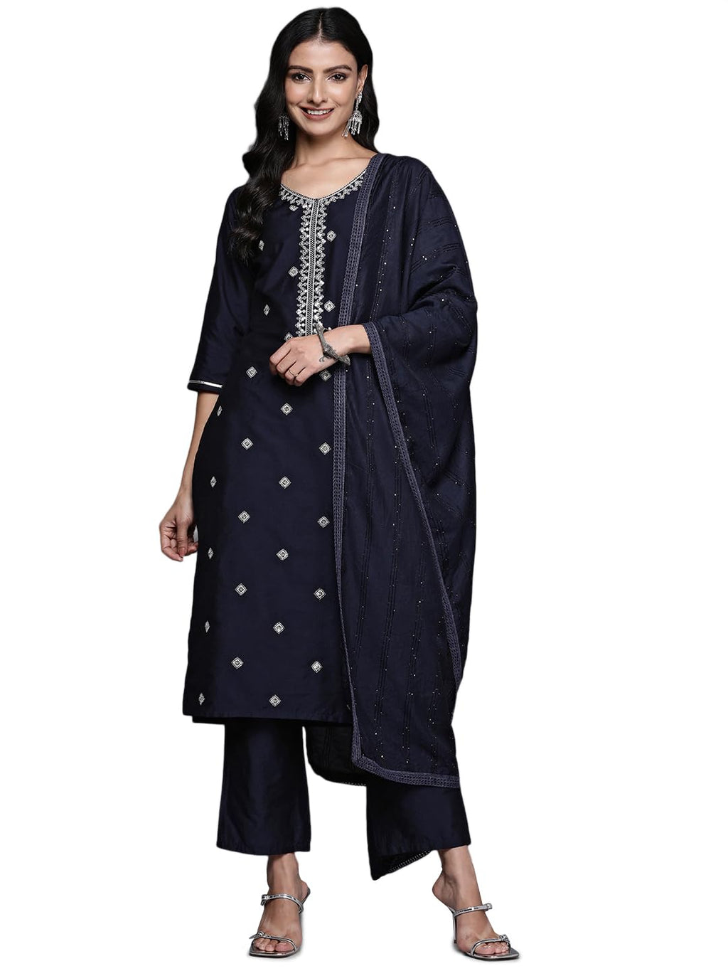 Libas Blue Yoke Design Silk Blend Straight Kurta With Trousers & Dupatta