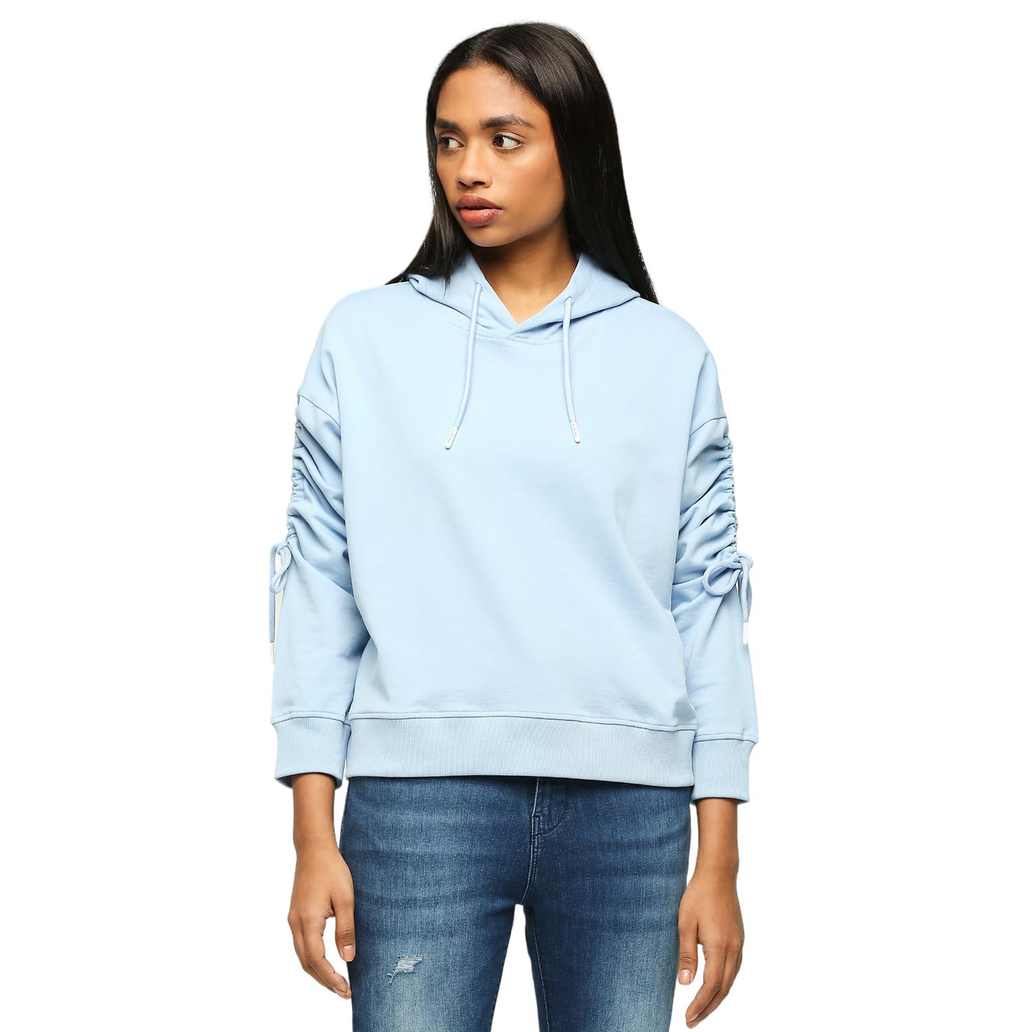 Pepe Jeans WomenS Pure Cotton Hooded Neck Sweatshirt (Pl581417_Blue_Washed