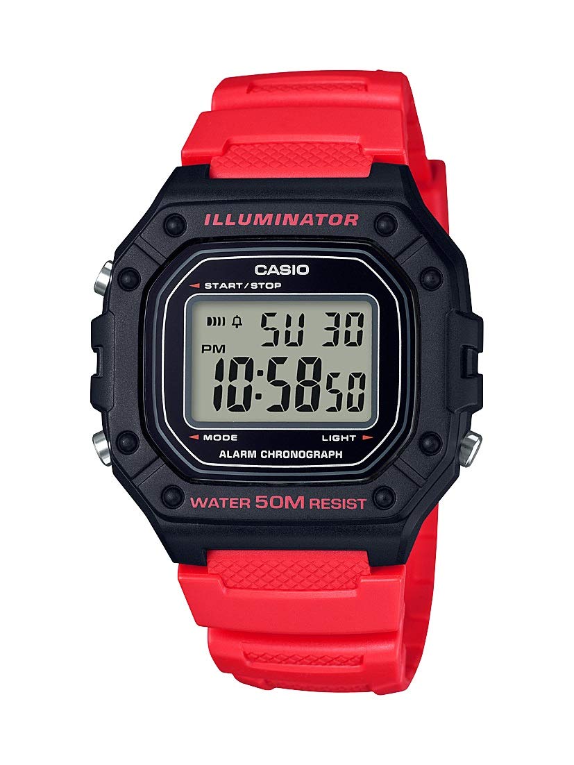 Casio W218H Series | Mens Digital Watch | Black/Red | 50M WR | 1/100 Second Stopwatch | 100 SEC Chronograph | LED Backlight | Co