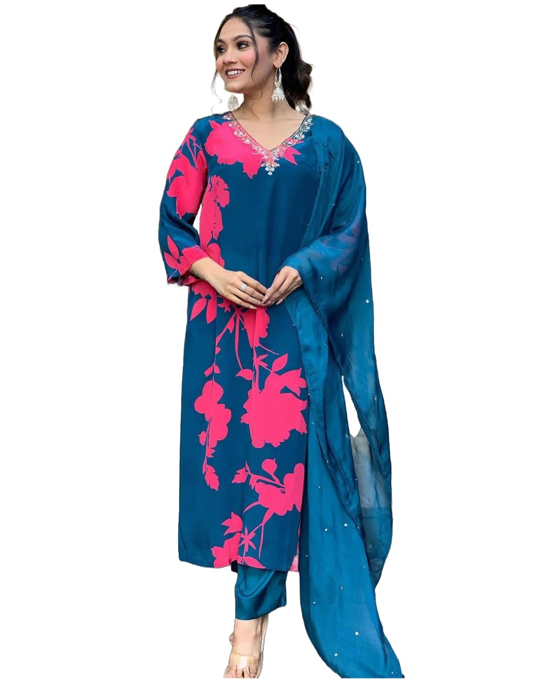 ANNI DESIGNER Womens Cotton Blend Straight Printed Kurta with Pant & Dupatta (PROTIN-CEROSIN_XL_Blue_X-Large)