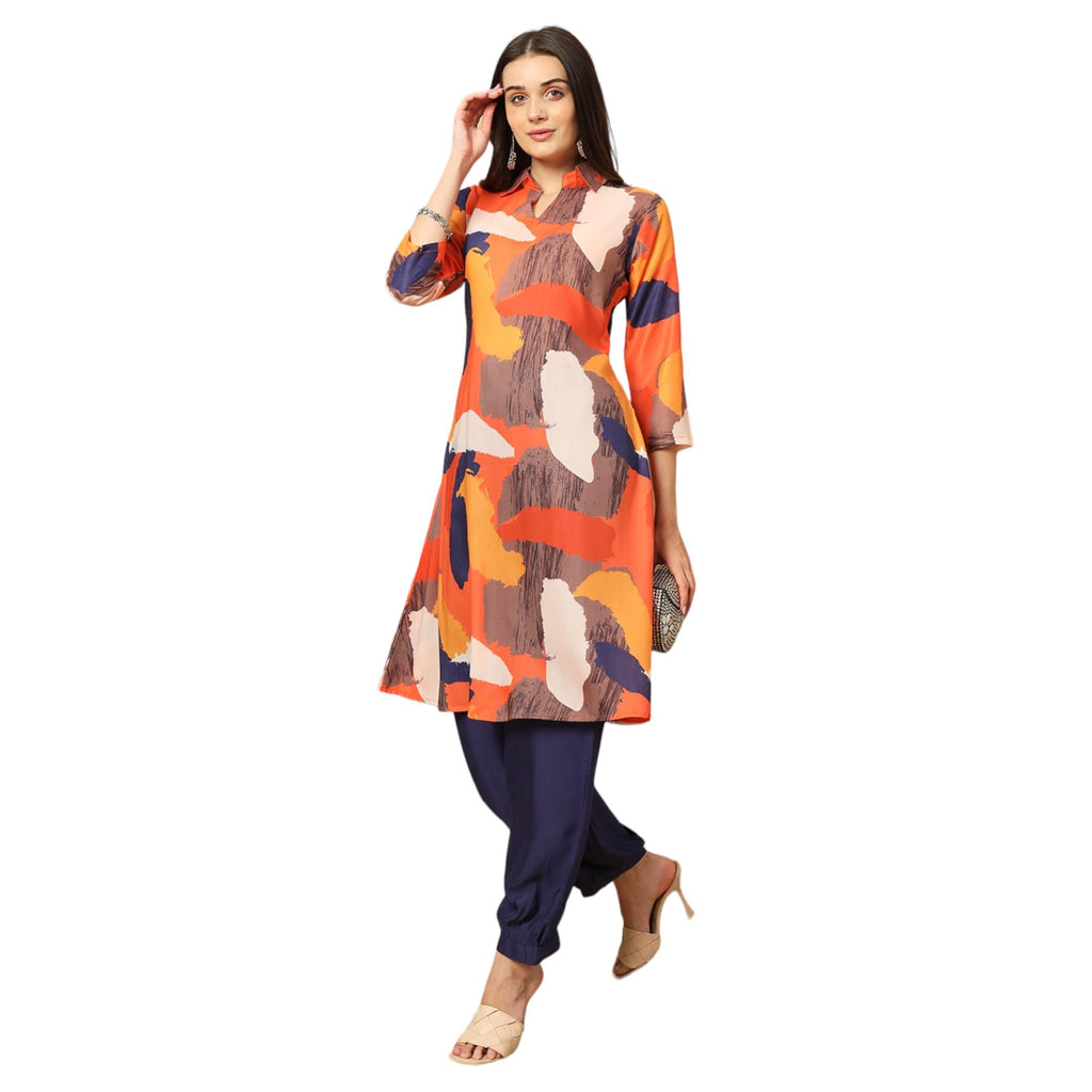 Gufrina Women'S Co-Ords Set - Orange And Navy Abstract Print Shirt Collar Kurti With 3/4 Sleeves And Harem Pants, Rayon Fabric (